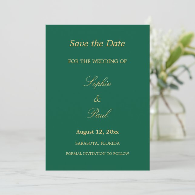 Hunter Green Golden Beige Save the Date (Stehend Vorderseite)