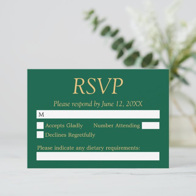 Hunter Green Golden Beige Wedding RSVP Card (Stehend Vorderseite)