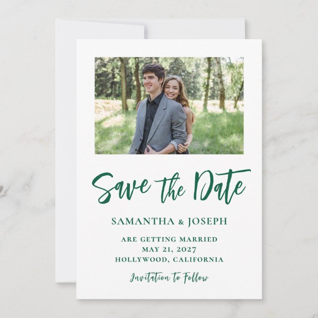 Hunter Green Handgeschriebenes Skript-Foto Save The Date (Vorderseite)