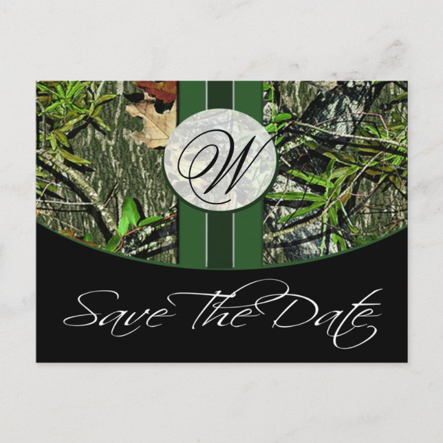Hunter Green Monogram Camouflage Wedding Save the  Ankündigungspostkarte (Vorderseite)