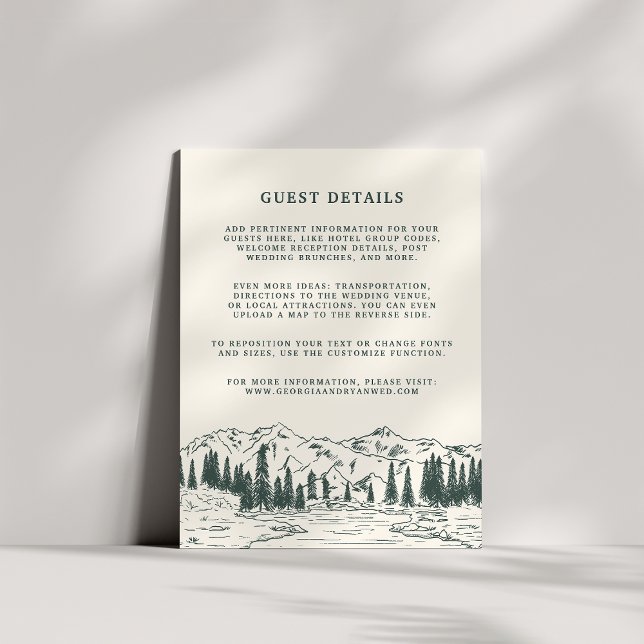 Hunter Green Mountain Sketch Wedding Guest Details Begleitkarte (Von Creator hochgeladen)