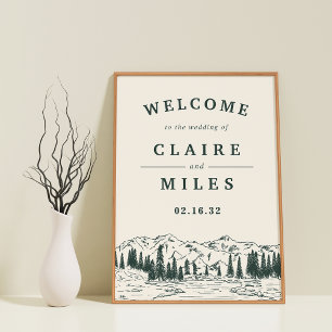 Hunter Green Mountain Sketch Wedding Willkommensze Poster