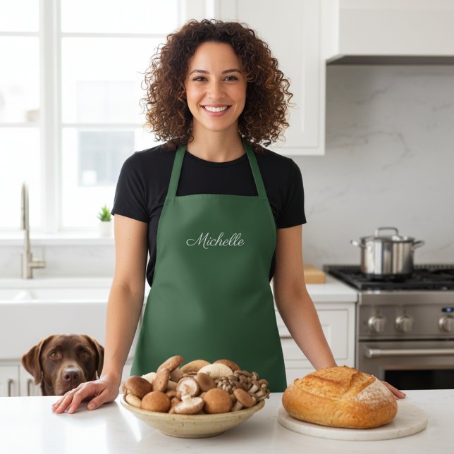 Hunter Green Schürze mit Individuelle Name Michell (Hunter green kitchen apron with custom name in pretty cursive script.)