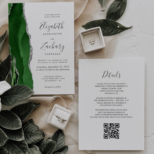 Hunter Green Silver Agate QR Code Hochzeit Einladung (Von Creator hochgeladen)