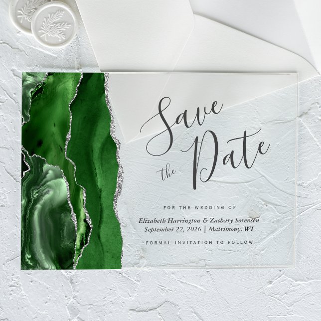Hunter Green Silver Agate Save the Date Card Acryleinladungen (Von Creator hochgeladen)