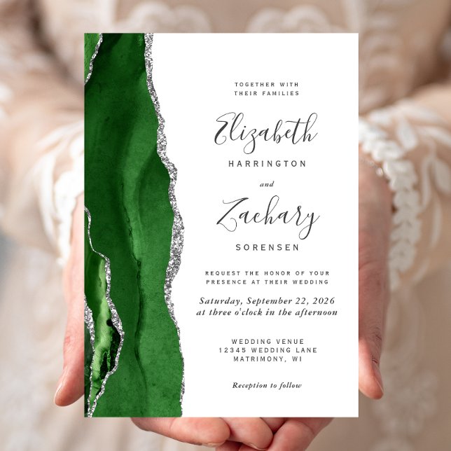 Hunter Green Silver Agate Wedding Einladung (Von Creator hochgeladen)