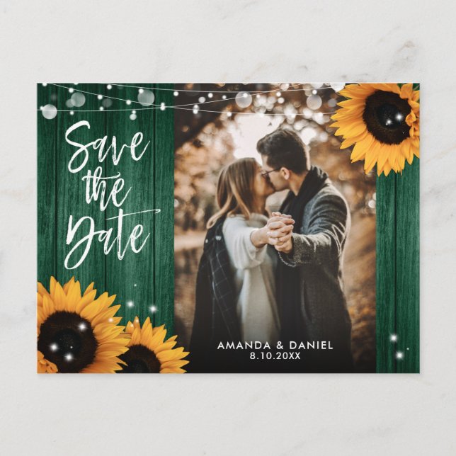 Hunter Green Sunflower Wedding Foto Save the Date Ankündigungspostkarte (Vorderseite)