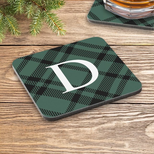 Hunter Green Tartan Kariertes Monogramm Getränkeuntersetzer (Von Creator hochgeladen)