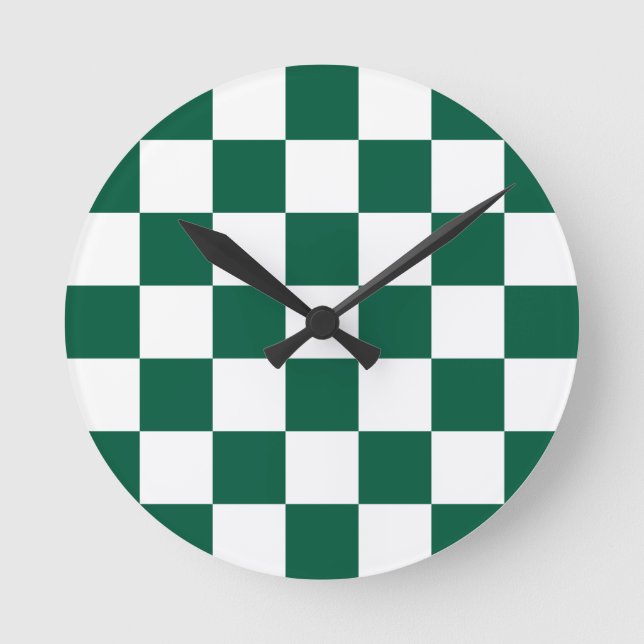 Hunter Green und Weiß Checked Runde Wanduhr (Vorderseite)