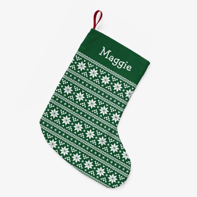 Hunter Green und White Fair Isle Monogram Kleiner Weihnachtsstrumpf (Vorderansicht (hängend))