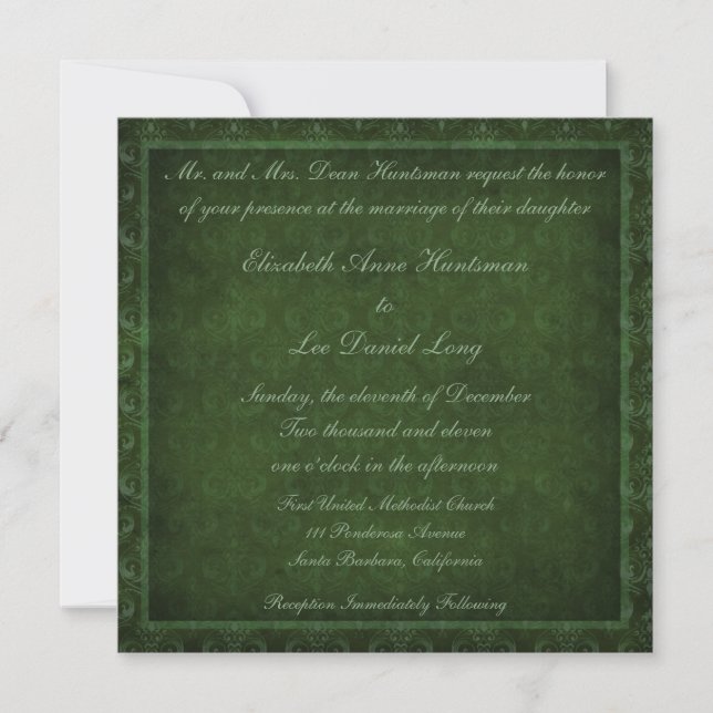 Hunter Green Vintag Damask Hochzeitseinladungen Einladung (Vorderseite)