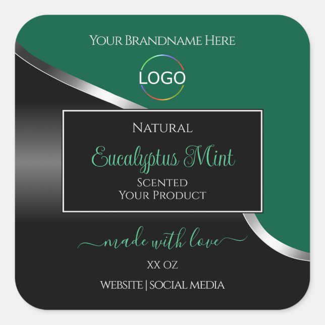 Hunter Green Wavy Silver Black Logo Product Labels Quadratischer Aufkleber (Vorderseite)