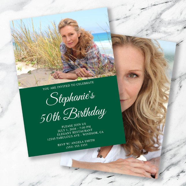 Hunter Green White Elegant Script 50. Geburtstag Einladung (Hunter Green and White Elegant Script 50th Birthday Invitation)