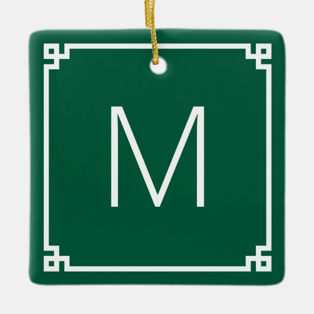 Hunter Green White Greece Key Border Monogram Foto Keramikornament (Vorderseite)