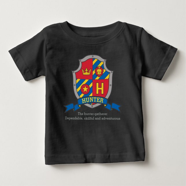 Hunter H Name bedeutet Wappen Ritterschild Baby T-shirt (Vorderseite)