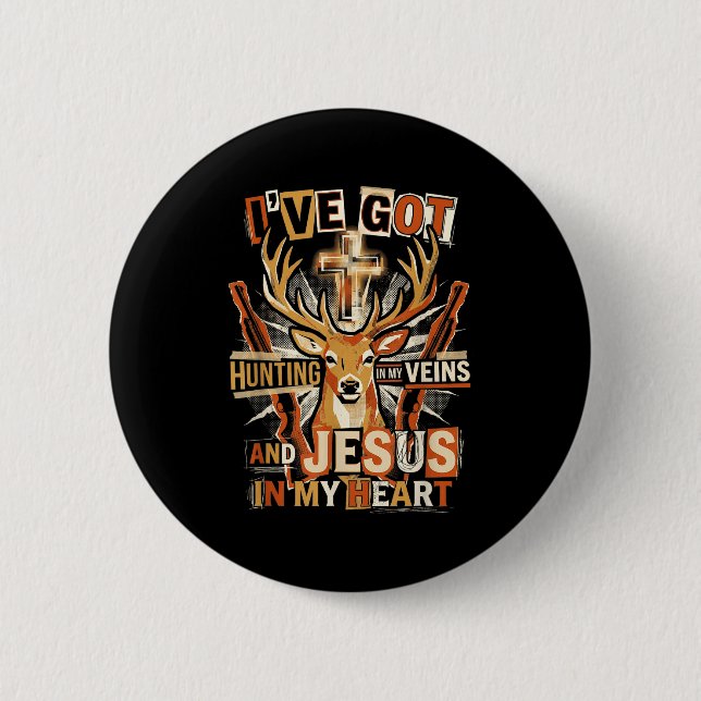 Hunting In My Veins Jesus In Heart Christian Deer  Button (Vorderseite)