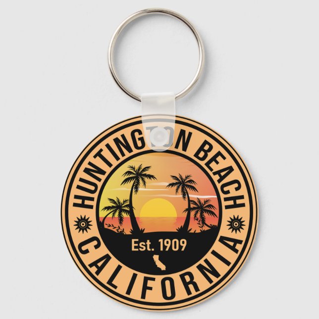 Huntington Beach California Retro Sunset Souvenirs Schlüsselanhänger (Vorderseite)