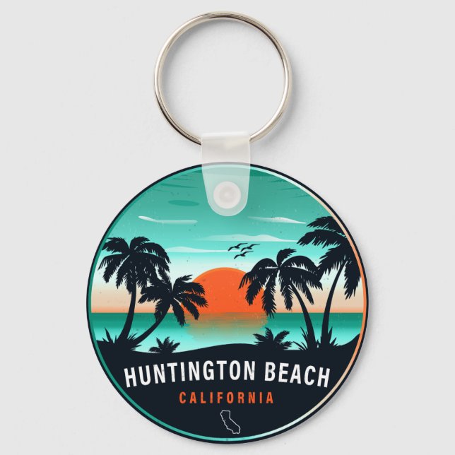 Huntington Beach California Retro Sunset Souvenirs Schlüsselanhänger (Vorderseite)