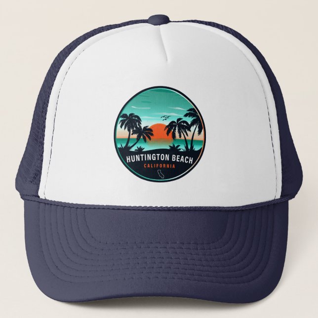 Huntington Beach California Retro Sunset Souvenirs Truckerkappe (Vorderseite)