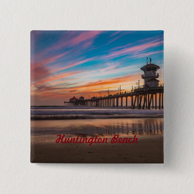 Huntington Beach Pier bei Sonnenuntergang Button (Vorderseite)