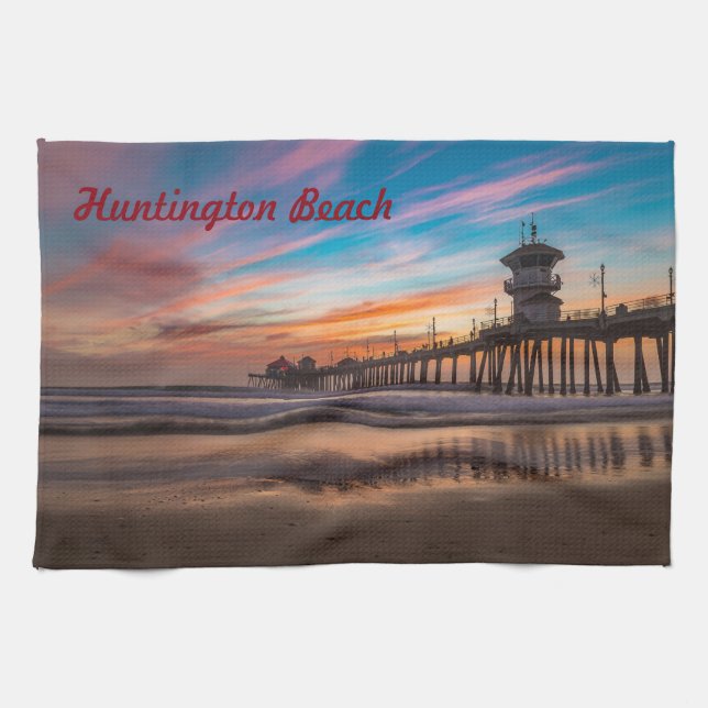 Huntington Beach Pier bei Sonnenuntergang Geschirrtuch (Horizontal)