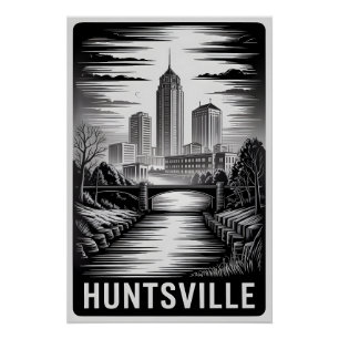 Huntsville Alabama Skyline Schwarz Weiß Holzschnit Poster