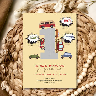 Hupkonzert retro Fahrzeuge erster Junge Geburtstag Einladung