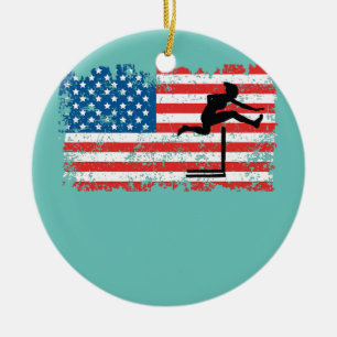 Hurdler Woman Girl Female American Flag Hurdles Keramik Ornament