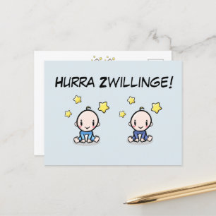 Hurra Zwillinge, Glückwunsch Geburt, 2 Jungs,   Postkarte