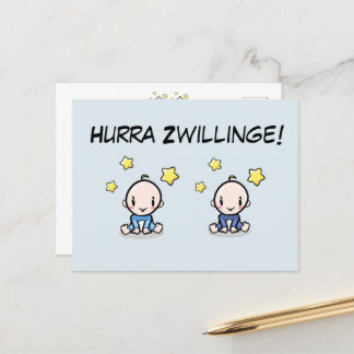 Hurra Zwillinge, Glückwunsch Geburt, 2 Jungs, Postkarte