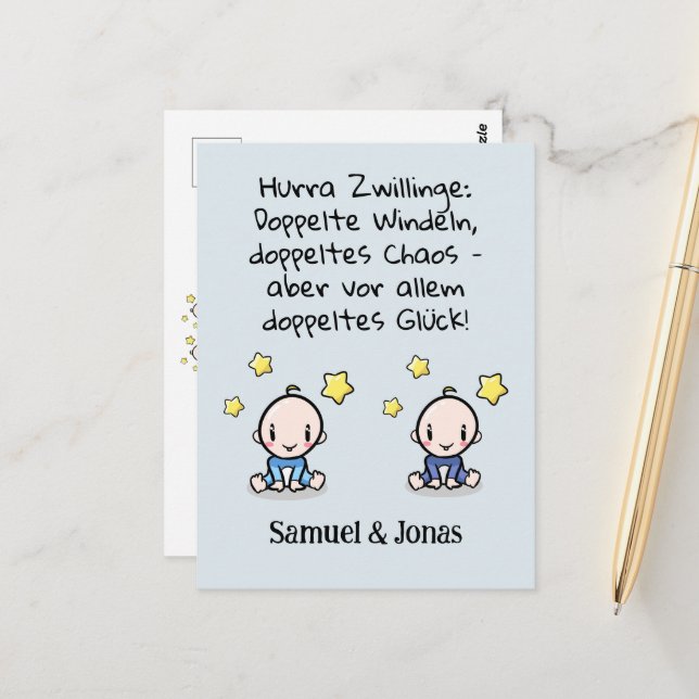 Hurra Zwillinge, Glückwunsch Geburt, mit Namen,   Postkarte (Vorderseite/Rückseite Beispiel)