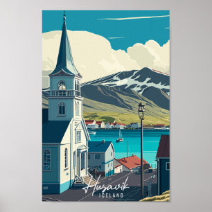 Husavik Island Vintage Illustration Poster