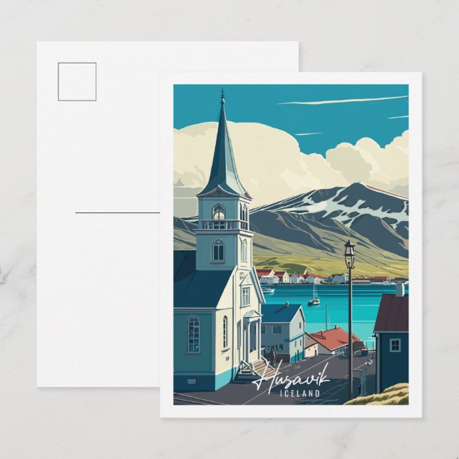 Husavik Island Vintage Illustration Postkarte (Vorne/Hinten)