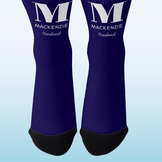 Husband Monogram Initial Name Navy Blue Wedding Socken (Modern husband groom monogram initial name personalized wedding socks)
