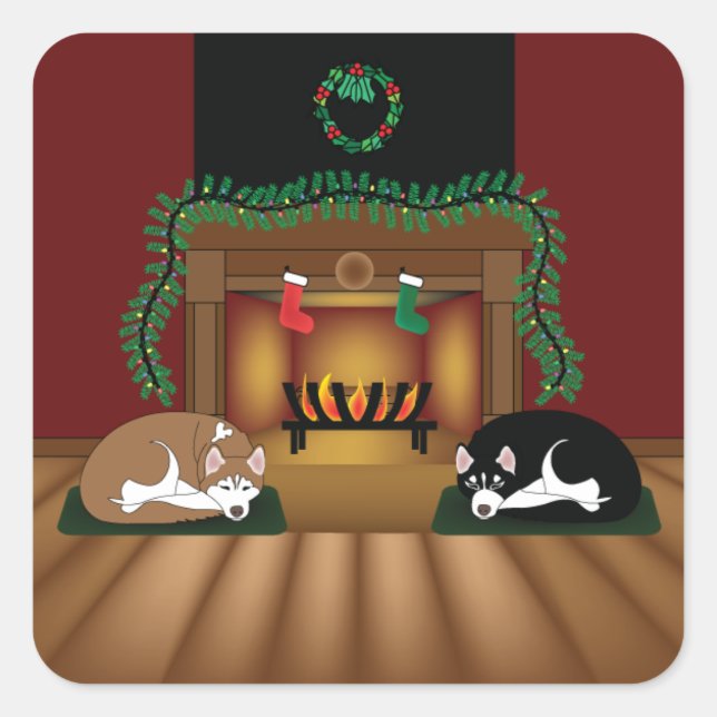 Huskies des Urlaubs durch die Feuerstelle Quadratischer Aufkleber (Vorderseite)