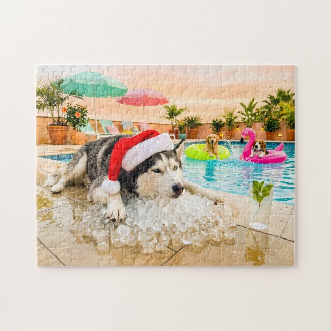 Husky auf Felsen zu Weihnachten Puzzle (Horizontal)
