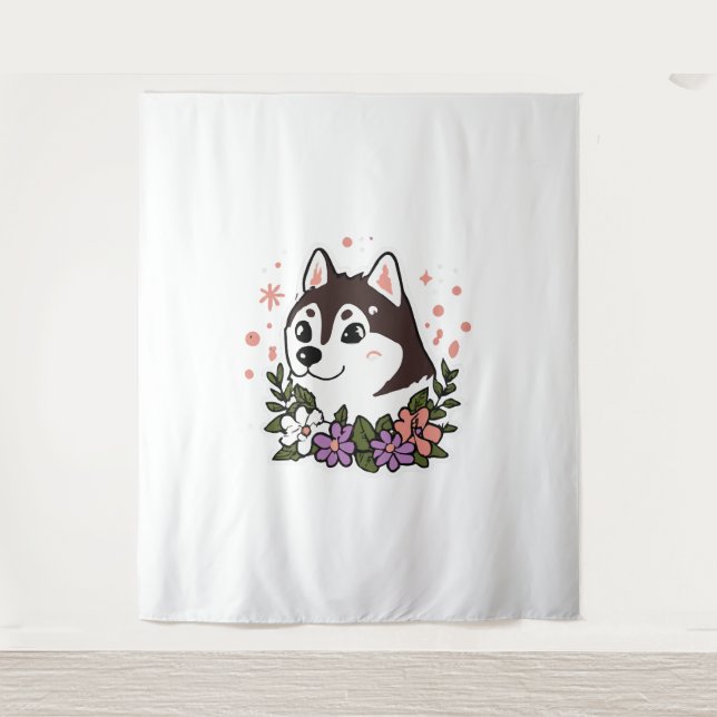 Husky Blume Hund Lover Malamute Wandteppich (Vorderseite)