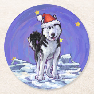 Husky Christmas Runder Pappuntersetzer