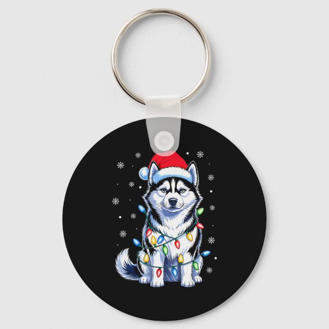 Husky Dog Christmas Lights Santa Hat Family Xmas P Schlüsselanhänger (Vorderseite)