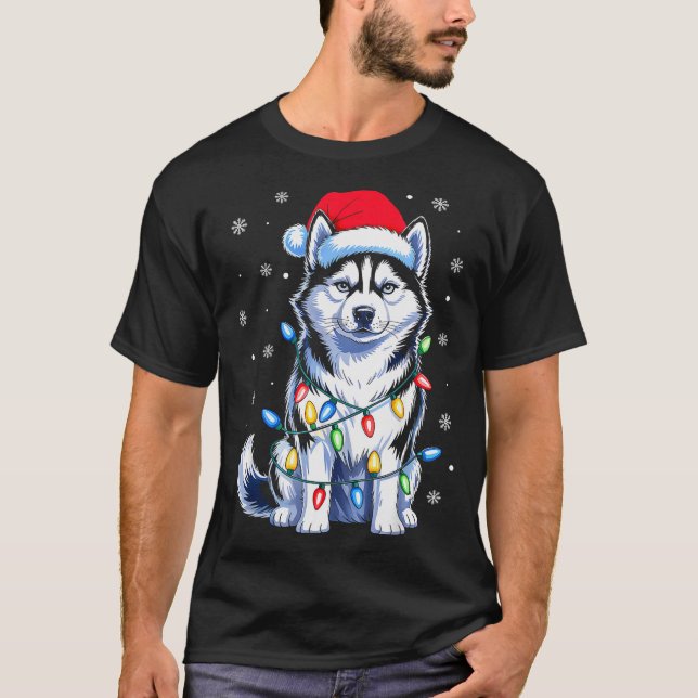 Husky Dog Christmas Lights Santa Hat Family Xmas P T-Shirt (Vorderseite)