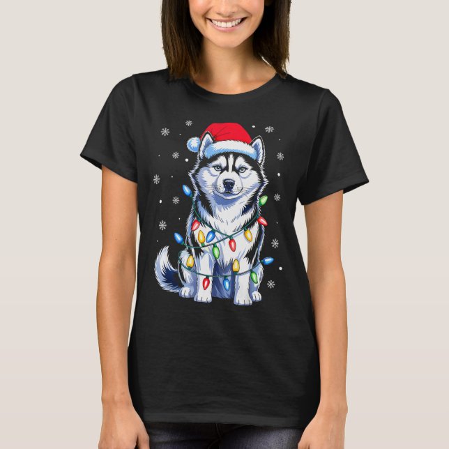 Husky Dog Christmas Lights Santa Hat Family Xmas P T-Shirt (Vorderseite)