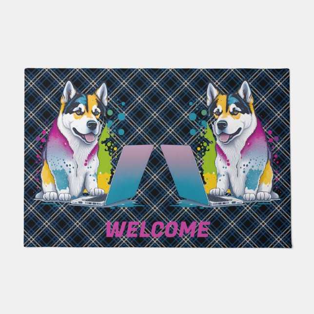 Husky Dog Computer Rainbow Watercolor Tech Savvy Fußmatte (Vorderseite)