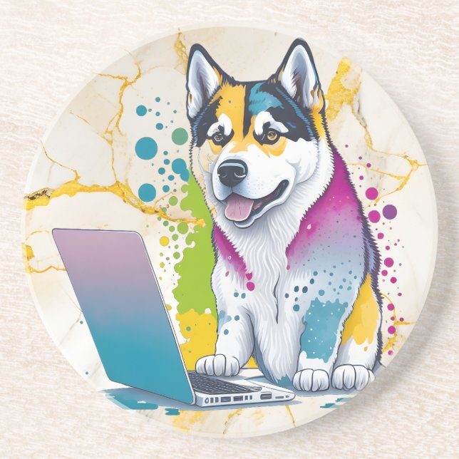 Husky Dog Computer Rainbow Watercolor Tech Savvy Getränkeuntersetzer (Vorne)