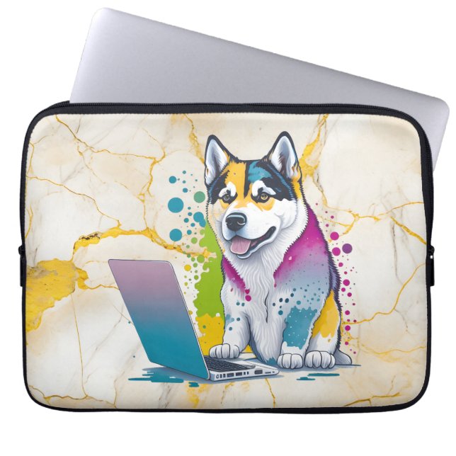 Husky Dog Computer Rainbow Watercolor Tech Savvy Laptopschutzhülle (Vorderseite)
