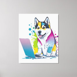 Husky Dog Computer Rainbow Watercolor Tech Savvy Leinwanddruck
