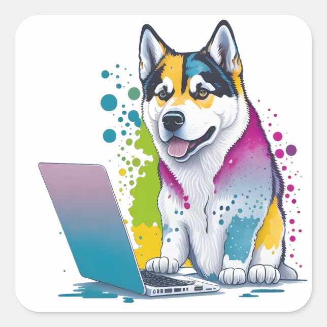 Husky Dog Computer Rainbow Watercolor Tech Savvy Quadratischer Aufkleber (Vorderseite)