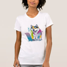 Husky Dog Computer Rainbow Watercolor Tech Savvy T-Shirt