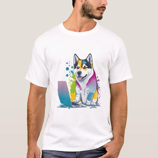 Husky Dog Computer Rainbow Watercolor Tech Savvy T-Shirt (Vorderseite)