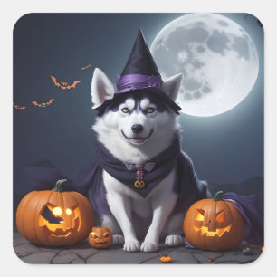 Husky Dog Halloween Adventure Moonlit Magic Spooky Quadratischer Aufkleber