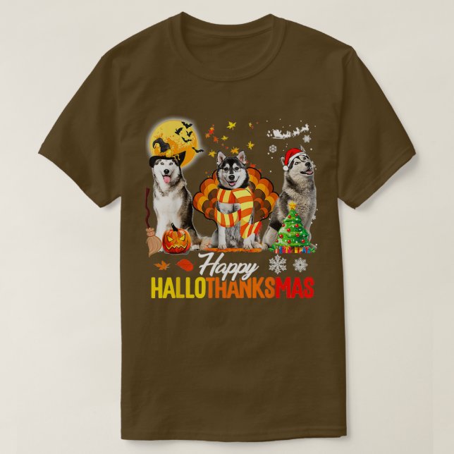 Husky Dog Happy Hallothanksmas Halloween Thanksgiv T-Shirt (Design vorne)